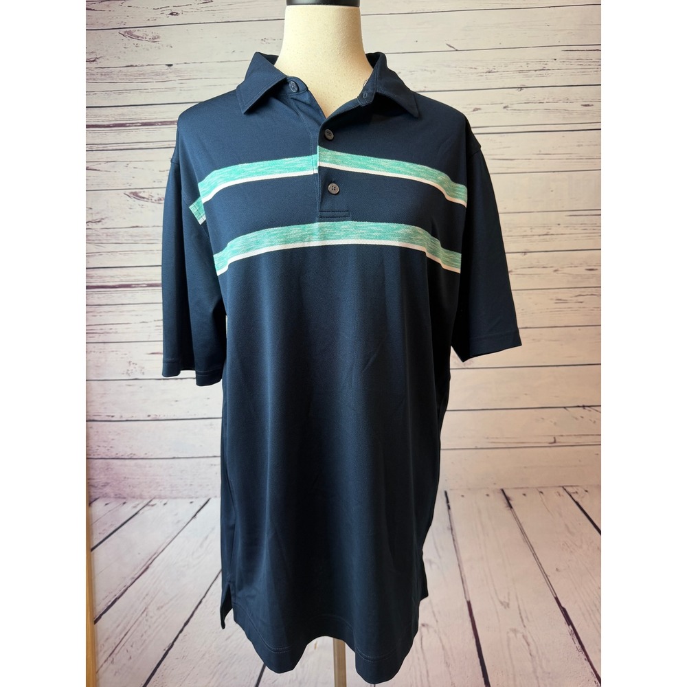 FootJoy Athletic Fit‎ Polo Shirt Mens Large Navy Blue Striped Golf Short Sleeve